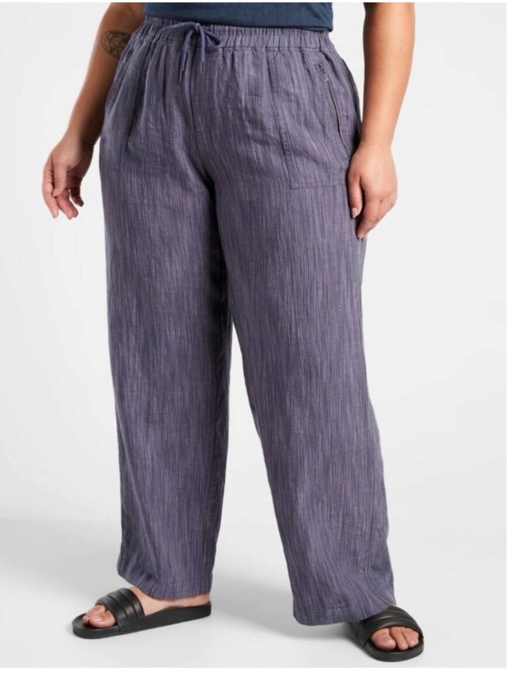 Athleta Women's Blue Cabo Linen Textured Wide Leg Pant Coastal Beachy Size 22